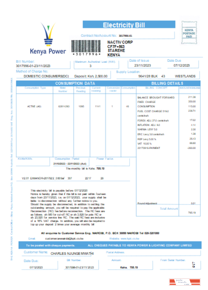 Kenya Power utility business bill,  SCR PSD template